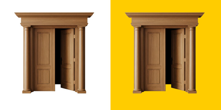 Classic wooden double door entrance with decorative columns and open archway