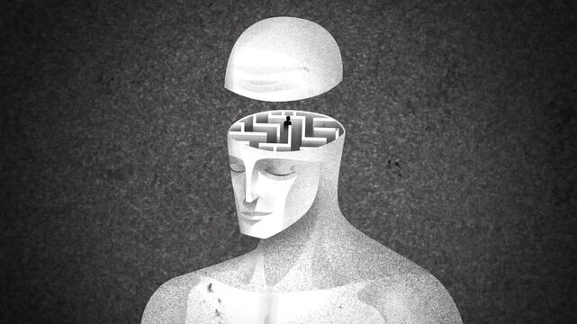 man opening his head to reveal a labyrinth with a tiny person wandering inside