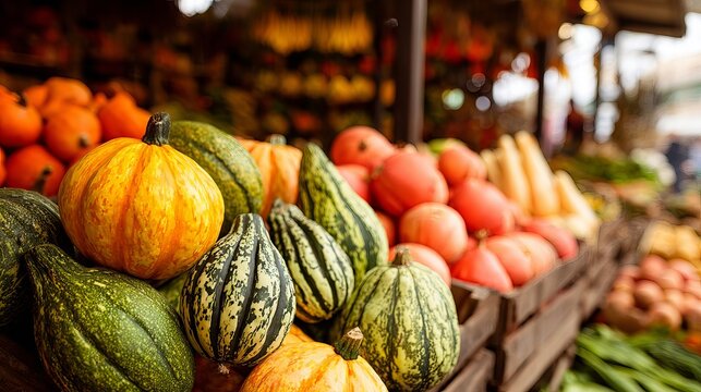 Vibrant orange pumpkins and green speckled gourds displayed on wooden market stalls during autumn harvest season daylight