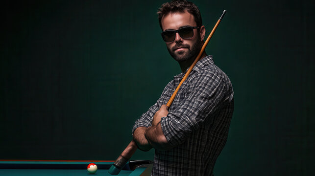 Man wearing sunglasses and plaid shirt holds a pool cue near a billiard table.