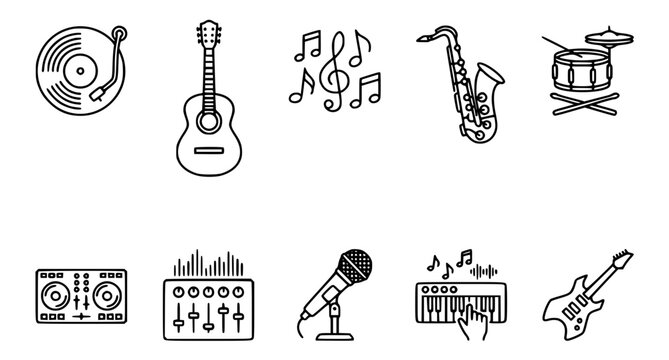 Music Line Icons Set &ndash; Vinyl Guitar Saxophone Drums and DJ Symbols