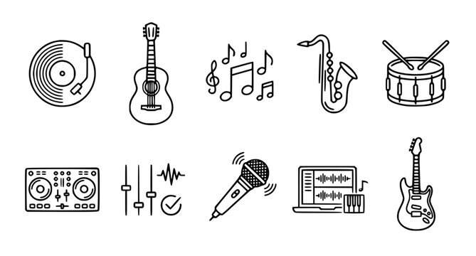 Music Line Icons Set &ndash; Vinyl Guitar Saxophone Drums and DJ Symbols