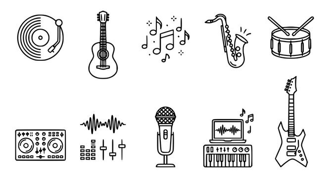 Music Line Icons Set &ndash; Vinyl Guitar Saxophone Drums and DJ Symbols