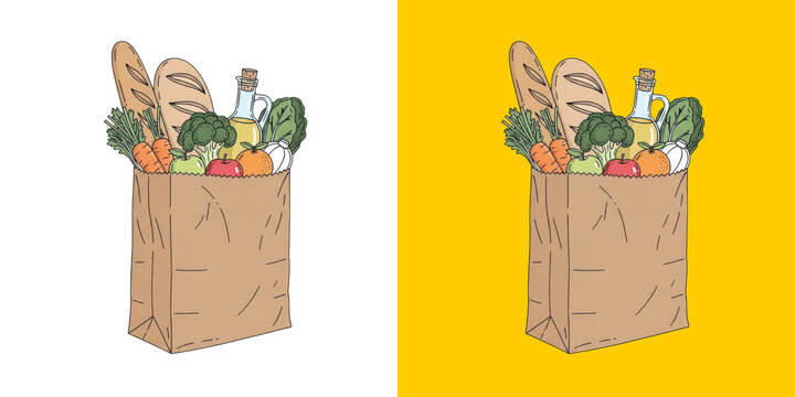 Grocery paper bag filled with fresh healthy vegetables and bread hand drawn