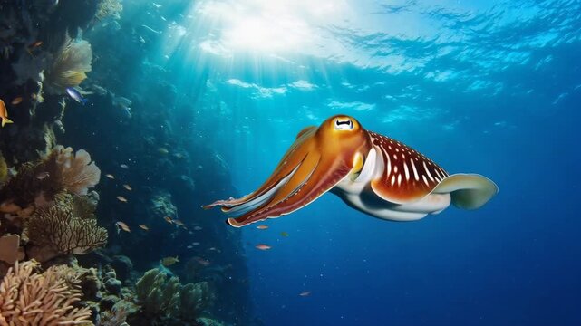 A vibrant orange spotted cuttlefish swims through a tropical coral reef as sunbeams pierce the surface of clear blue water.