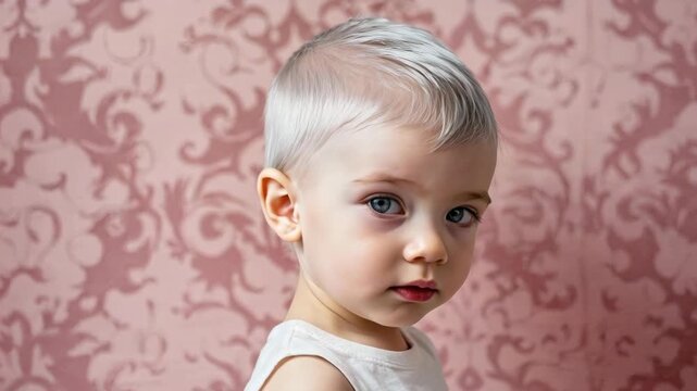 Close-up portrait of a toddler with blonde hair and blue eyes looking at the camera against a decorative damask wallpaper.