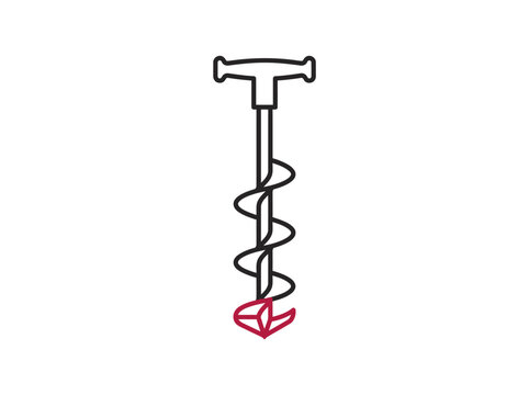 A geometric screwdriver with a T-shaped handle and spiral bit depicted in minimalist line art.