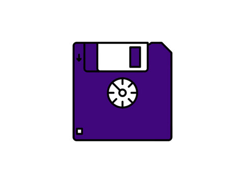 A purple floppy disk icon with a circular hole and metallic texture resembling vintage computer storage.