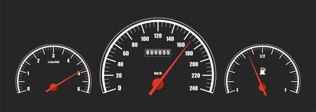 Realistic classic car dashboard isolated. Sport white auto ui display panel. Speedometer, tachometer, odometer, fuel level sensor. Red kilometers per hour measuring scale. Vector Illustration
