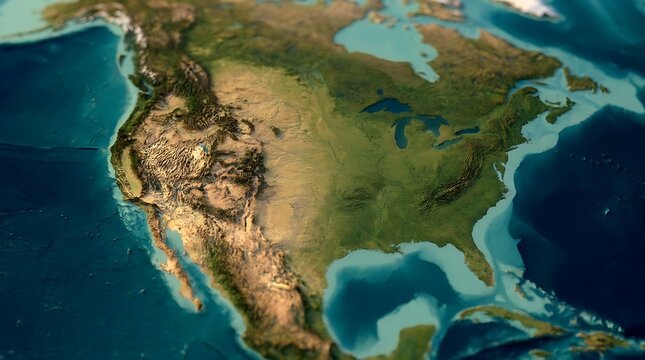 Topographic map view of north america continent