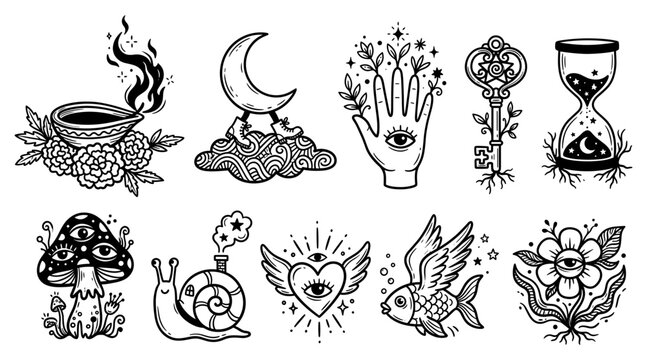 Surreal esoteric objects, celestial symbols, and mystical tattoo flash doodle set