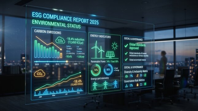 Digital ESG Report on a Sleek Glass Screen with Luminous Carbon Figures and Energy Indicators