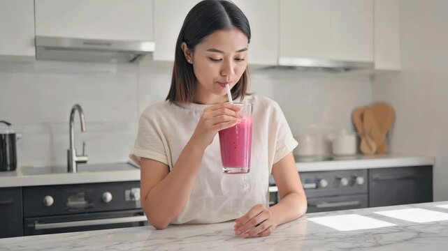 A young woman in a light-colored t-shirt sips a pink fruit smoothie from a glass with a straw in a bright, modern kitchen.