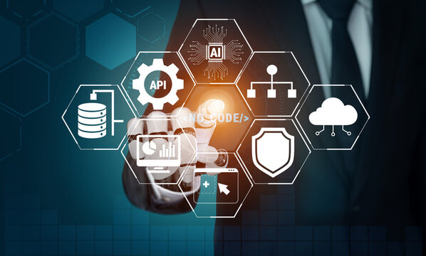 Businessman Interacting with Innovative Technology Symbols on a Digital Screen Representing Data Management and Artificial Intelligence Integration in Modern Solutions Quark.