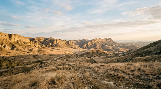 panoramic view of dry rolling mountains and twisting road below
