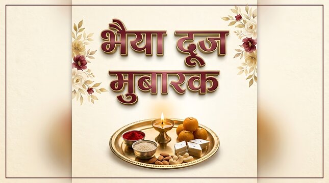 Bhai dooj mubarak greeting card with traditional prayer plate