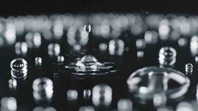 Seamless loop of water droplets merging on a dark glass surface, macro