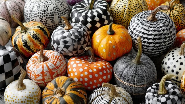 Hand painted decorative gourds and patterned pumpkins featuring polka dots and geometric stripes arranged together nicely