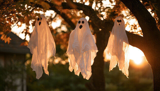Three mischievous ghost hangings swaying on a tree during the sunset in an autumnal garden