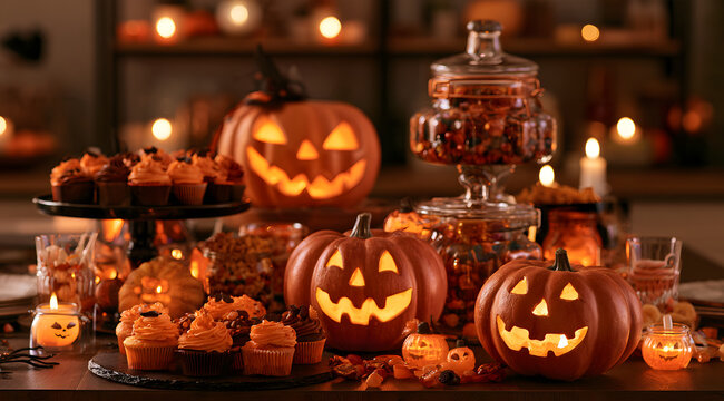 Cozy Halloween party table laden with festive decorations, glowing jack-o'-lanterns, delicious cupcakes, and colorful candy, creating a warm and inviting atmosphere for the friends and family gatherin