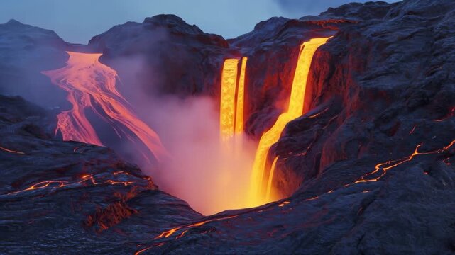Molten lava flows like waterfalls over dark volcanic rock as steam and smoke rise from glowing magma in a dramatic landscape.