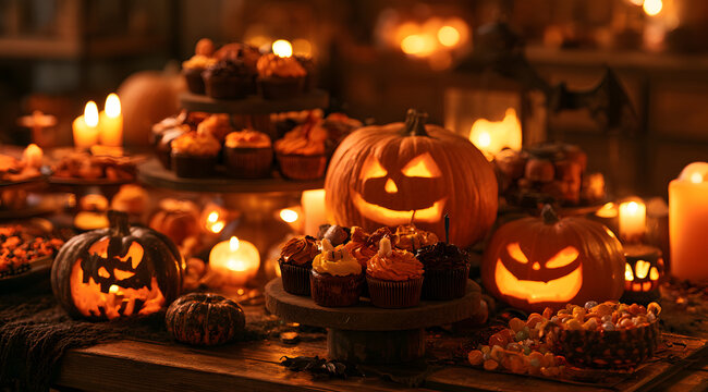 The Halloween party table is cozy, decked out with festive decorations like glowing jack o' lanterns, tasty cupcakes, and colorful candy, which together create a warm and inviting ambiance for the fam