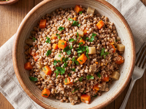 Cooked buckwheat porridge with diced steamed vegetables in ceramic bowl