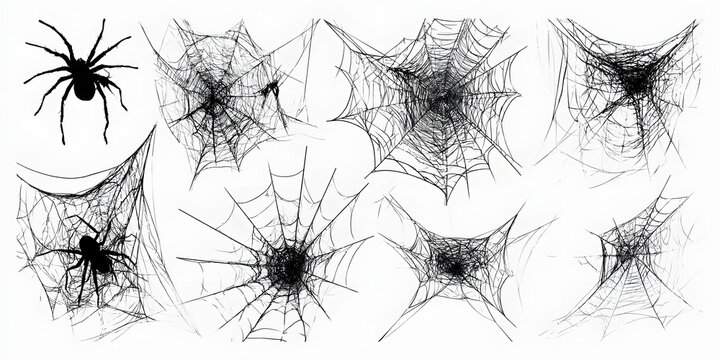 Bundle of dark spider web illustrations with tangled realistic threads, in a gothic horror style, isolated clip art elements, suitable for Halloween decoration frames