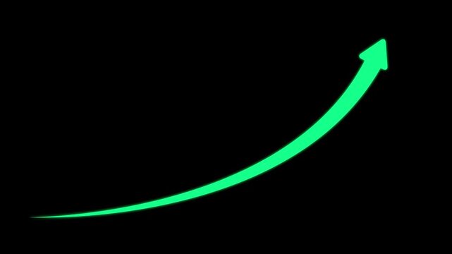 Animated green growth arrow rising upward on black background, for business success, and financial data visualization
