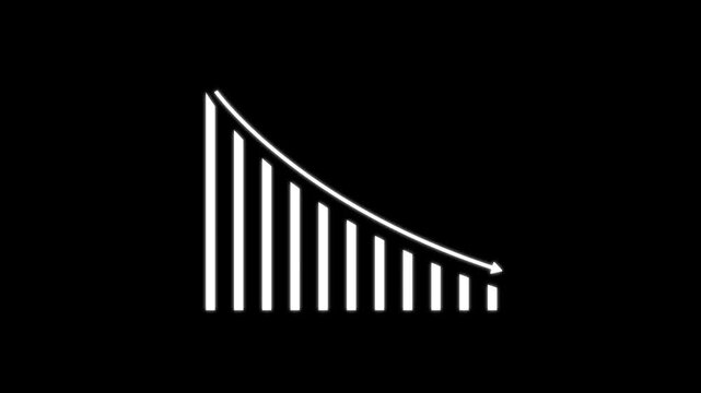 Financial bar chart declining with downward arrow animation on black background, decline business economy