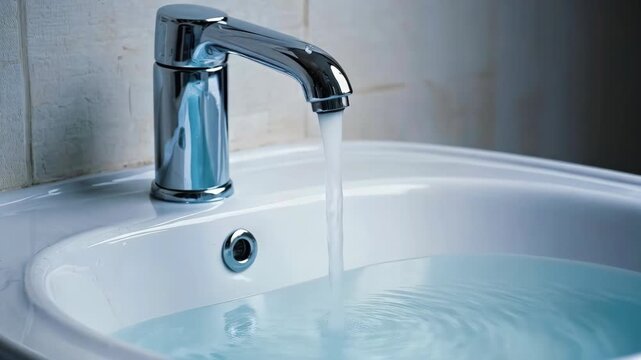 A steady stream of clear water flows from a polished chrome faucet into a white ceramic basin in a modern bathroom or kitchen.
