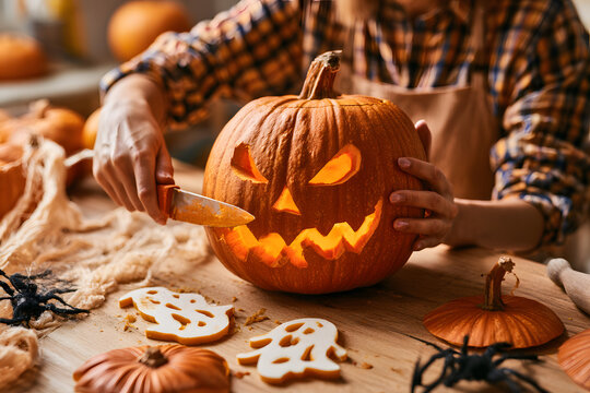 Carving a Halloween pumpkin. A woman holding a pumpkin and a knife on a table with ghosts and spiders. Carve a jack-o'-lantern for Halloween preparation. Making Halloween decorations