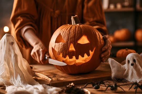 Chiseling a Halloween pumpkin. A woman stands at a table, knife in hand, and holds the pumpkin. It's time to create a jack-o'-lantern for Halloween, while preparing decorations
