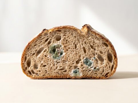 Half loaf of sourdough bread covered with green mold spots showing crumb