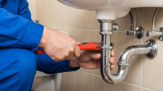 Plumber using a wrench to fix a kitchen sink pipe