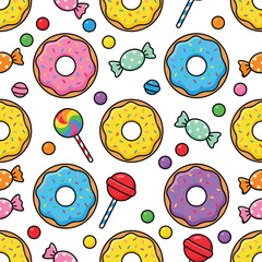 Seamless donut pattern   Yummy Colorful Donuts Lollipops and Candies seamless texture for kids wallpaper wrapping paper and fabric design © Saroarul