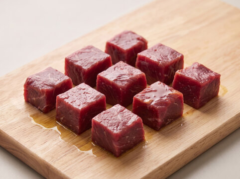 Raw beef meat cubes arranged in grid pattern on wooden cutting board