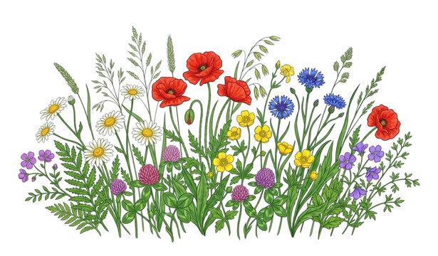 Hand drawn wildflower and tall grass botanical meadow cluster isolated vector illustration