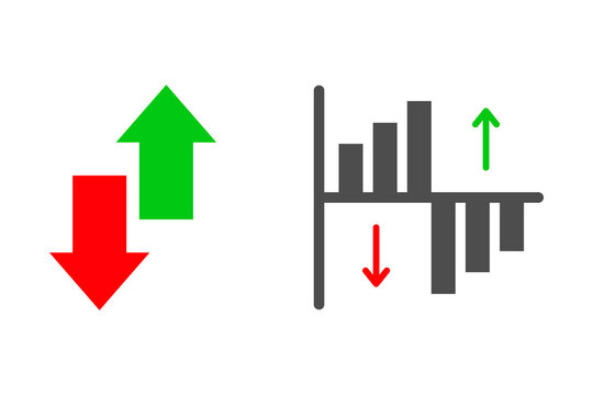 Red down and green up arrows with a bar chart showing positive and negative business growth trends