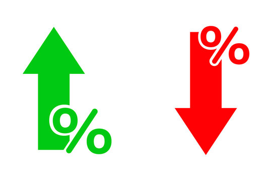 Green up arrow and red down arrow with percent signs representing economic growth and decline