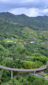 La Estampilla Viaduct Engineering Structure above Mountain Landscape near Manizales, Colombia. Aerial View. Vertical Video.