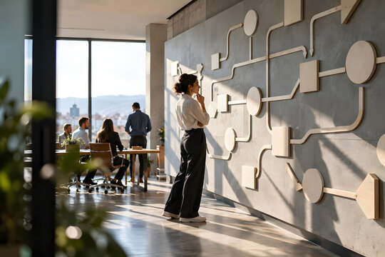 Professional studying a strategic planning wall with geometric routes in a modern office, representing decision-making, business strategy, problem solving and navigating complex choices.