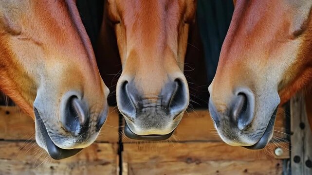 Extreme close-up of three horse muzzles lined up side by side, showing nostrils and fur texture in a stable environment.