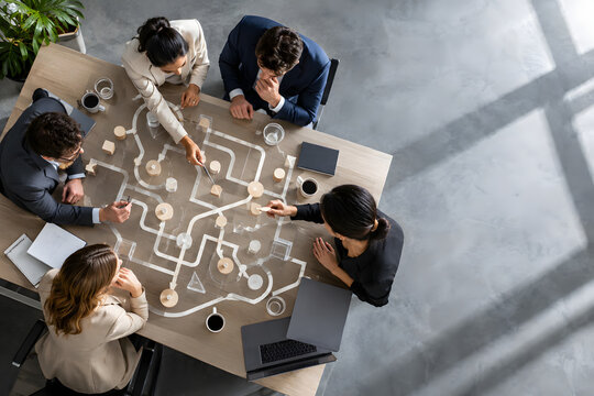 Diverse business team collaborating on a complex strategic challenge using interconnected pathways and objects on a table, viewed from above in a modern office.