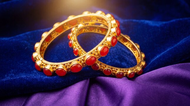 jewelry marketing strategy, luxurious yellow gold bangles adorned with tomato red gemstones on rich velvet