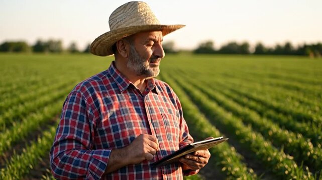 Male farmer in straw hat uses tablet to monitor crops in green field during sunset