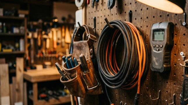 Tool belt hanging beside coiled cables and a wall-mounted stud finder on a pegboard in an organized workshop