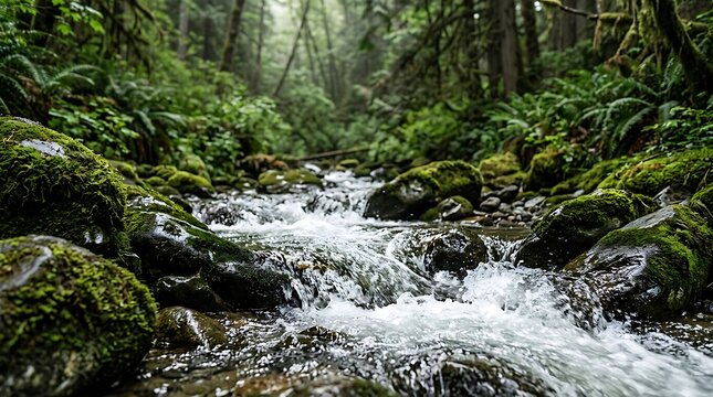 Mossy forest stream with rocks and small waterfall