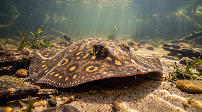 Freshwater stingray resting on a sandy riverbed underwater