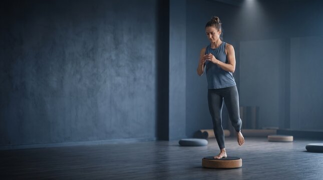 Instructor balances on a circular studio platform